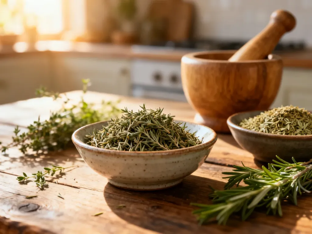 Suszony tymianek i oregano w ceramicznych miseczkach na drewnianym stole, stanowiące naturalne zamienniki majeranku.