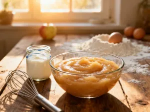 Puszysta aquafaba w szklanej misce obok ciecierzycy i trzepaczki, ilustrująca roślinny zamiennik białka jaja.