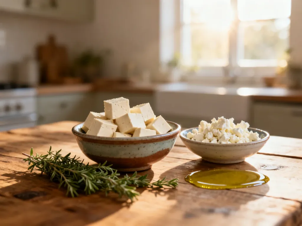 Kostki tofu i pokruszony ser kozi w miseczkach jako alternatywy dla sera feta na drewnianym stole.