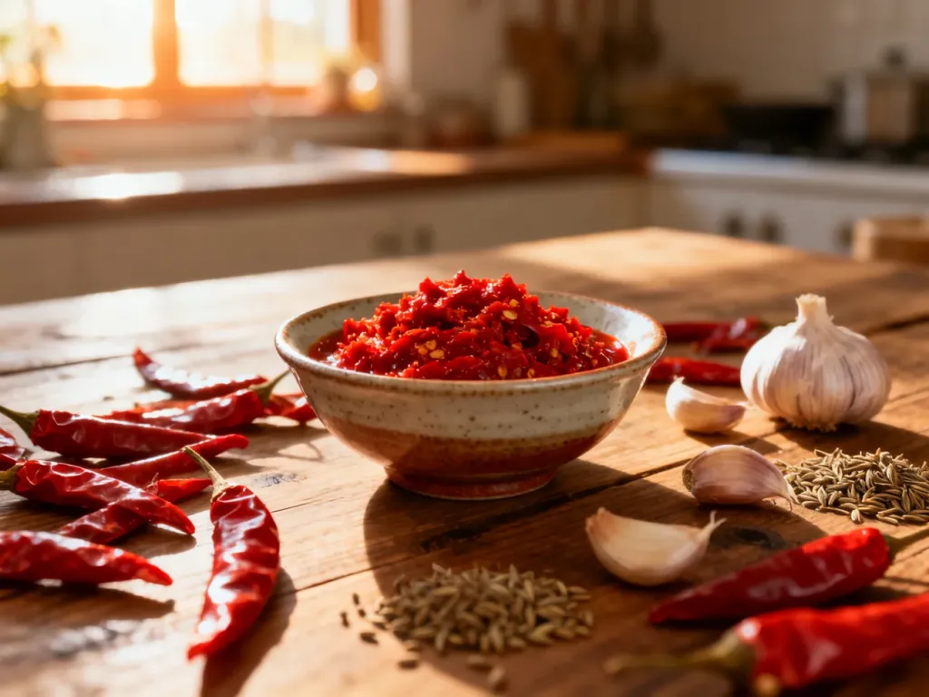 Miska z czerwoną pastą chili otoczona suszonymi papryczkami, czosnkiem i kuminem na drewnianym stole.