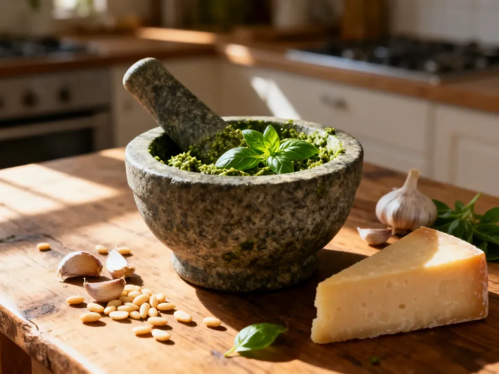 Składniki do przygotowania domowego pesto: świeża bazylia w moździerzu, orzeszki pinii, czosnek oraz twardy ser.
