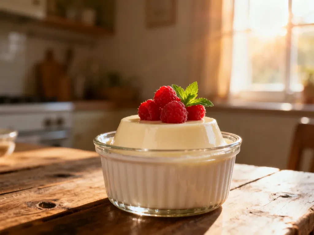 Kremowa panna cotta w szklanym naczyniu, udekorowana świeżymi malinami i miętą na drewnianym stole.