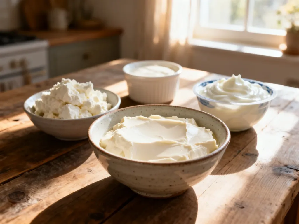 Różnorodne zamienniki twarogu, takie jak tofu, ricotta i jogurt grecki, ustawione na drewnianym stole w słonecznej kuchni.