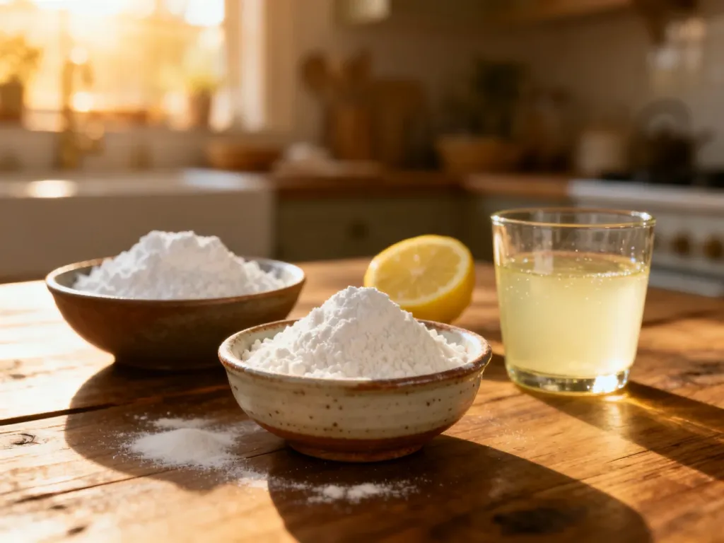 Proszki do pieczenia, soda oczyszczona i sok z cytryny na drewnianym stole jako naturalne zamienniki drożdży.
