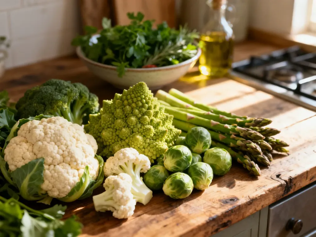 Świeże warzywa, takie jak kalafior, romanesco, szparagi i brukselka, ułożone na rustykalnym drewnianym blacie.