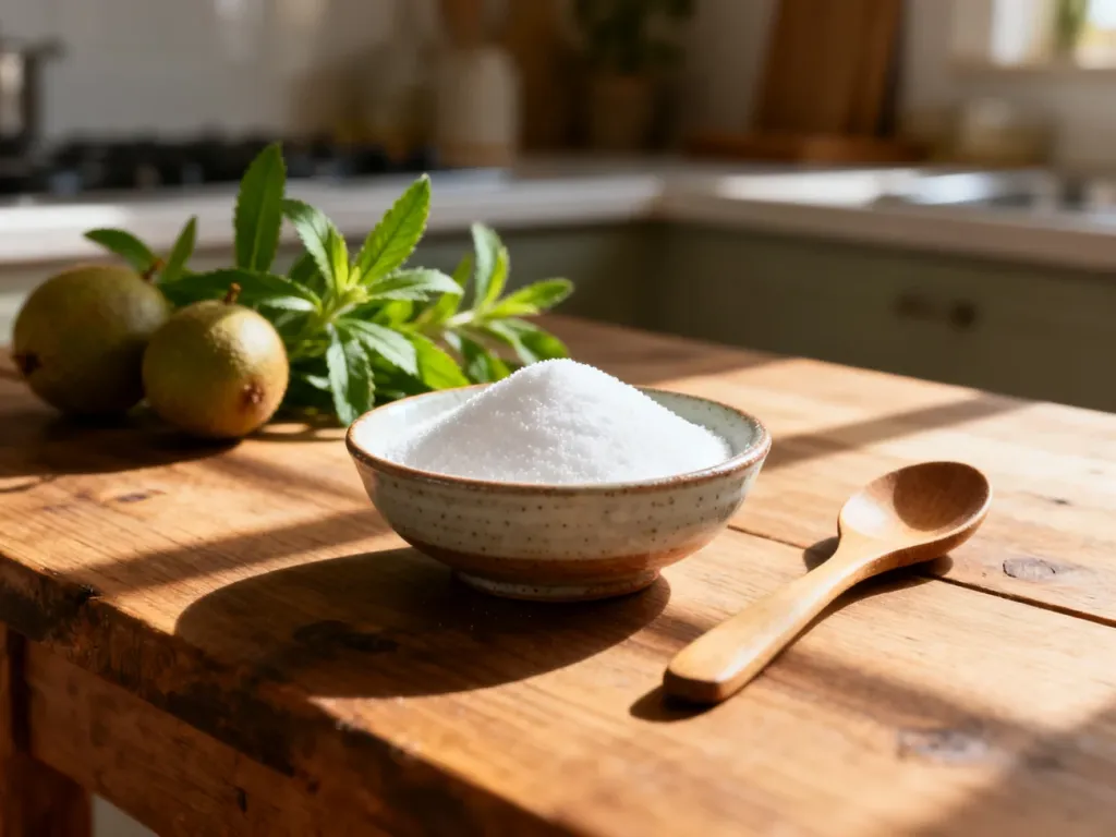 Drobno zmielony naturalny słodzik w ceramicznej miseczce na drewnianym stole, obok liście stewii i owoc mnicha.