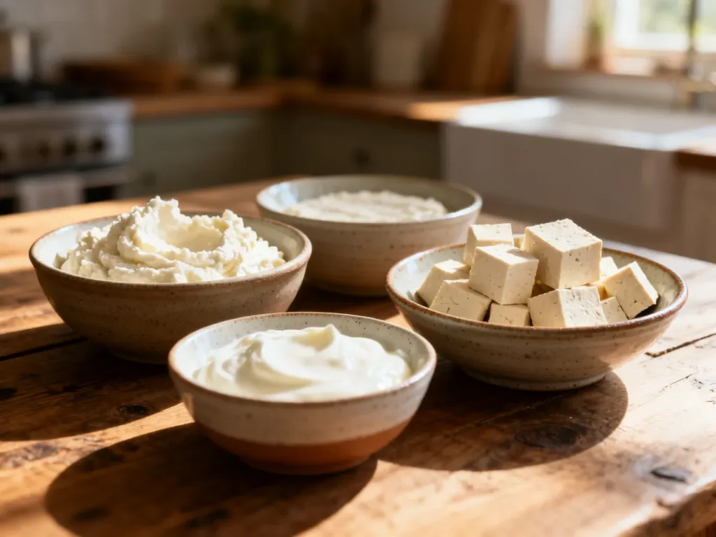 Różnorodne zamienniki twarogu, takie jak ricotta i tofu, wyeksponowane w ceramicznych miseczkach na drewnianym stole.