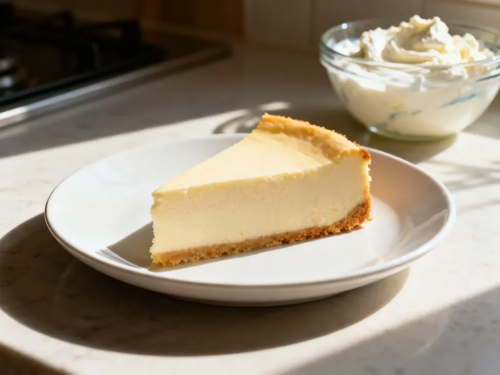 Kawałek kremowego sernika na talerzu, obok składniki takie jak jogurt grecki i serek mascarpone.