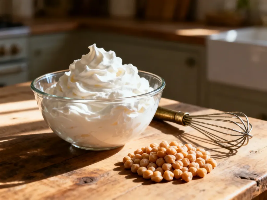 Puszysta aquafaba w szklanej misce obok ciecierzycy i trzepaczki, ilustrująca roślinny zamiennik białka jaja.