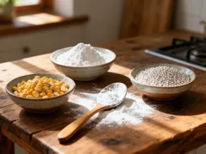 Kostka masła i butelka oleju na drewnianym stole w otoczeniu składników do pieczenia, takich jak mąka i jajka.