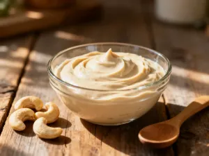 Różnorodne zamienniki twarogu, takie jak ricotta i tofu, wyeksponowane w ceramicznych miseczkach na drewnianym stole.