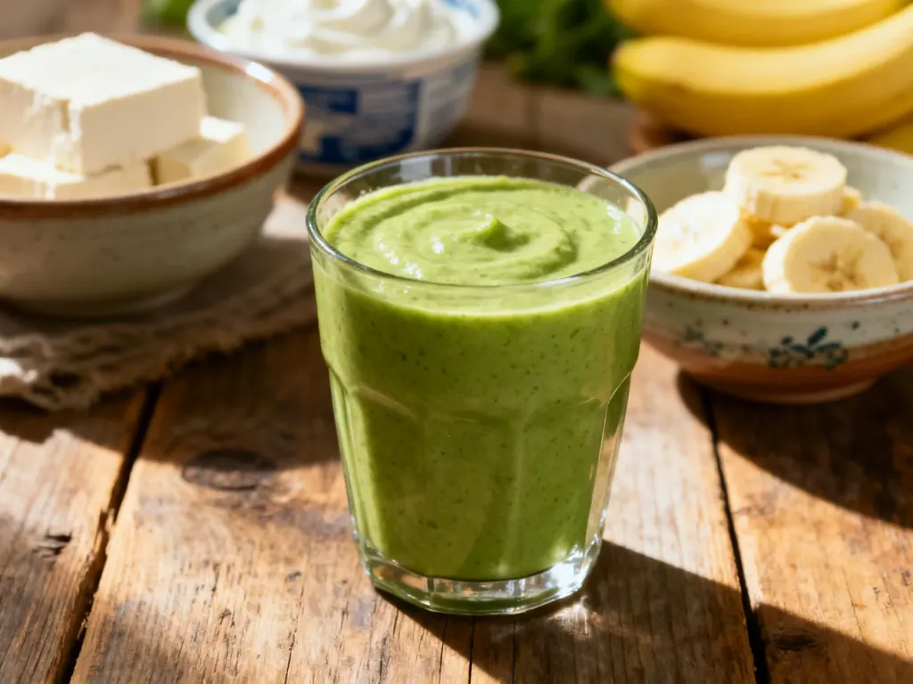 Zielone smoothie w szklance na drewnianym stole w otoczeniu składników zapewniających kremową konsystencję napoju.