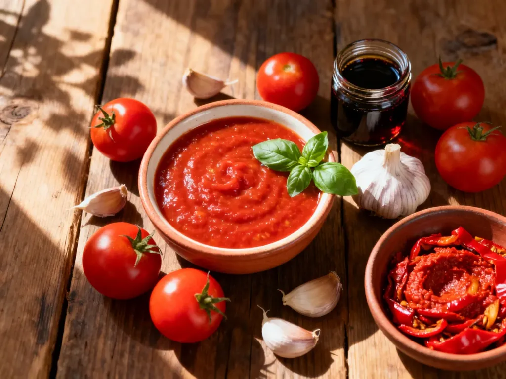 Miseczka z domowym sosem pomidorowym w otoczeniu świeżych pomidorów, czosnku i bazylii, prezentująca naturalne zamienniki ketchupu.