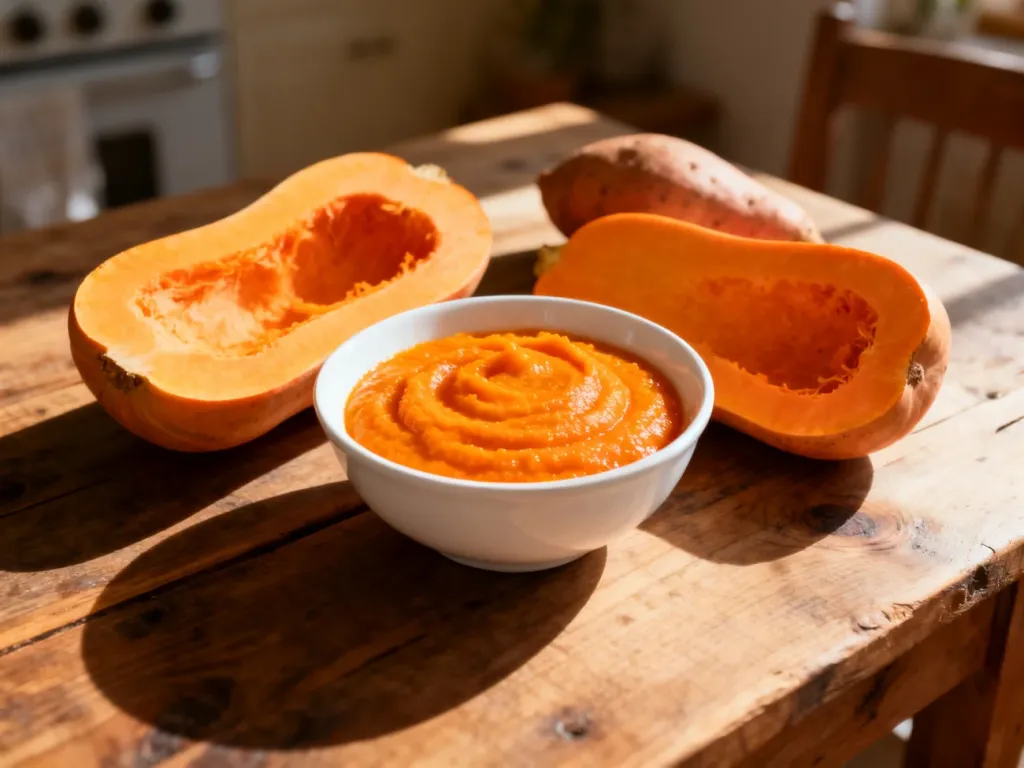Miseczka z pomarańczowym puree z warzyw obok przekrojonej dyni i batatów na drewnianym stole.