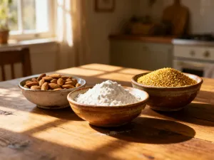 Naturalne składniki do aromatyzowania potraw: laski wanilii, skórka cytryny i ekstrakt migdałowy na drewnianym stole.