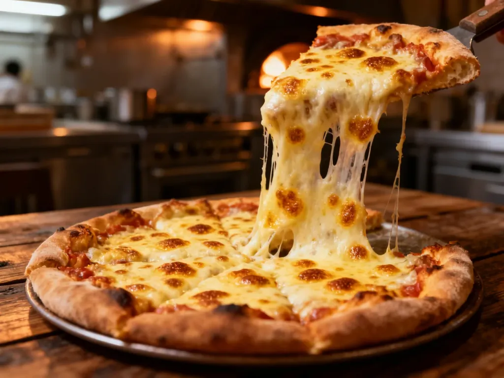 Świeżo upieczona pizza z apetycznie roztopionym, ciągnącym się serem na rustykalnym drewnianym stole.