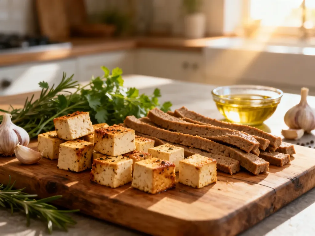 Różnorodne roślinne zamienniki kurczaka, takie jak tofu, seitan i kawałki sojowe, estetycznie ułożone na drewnianej desce.