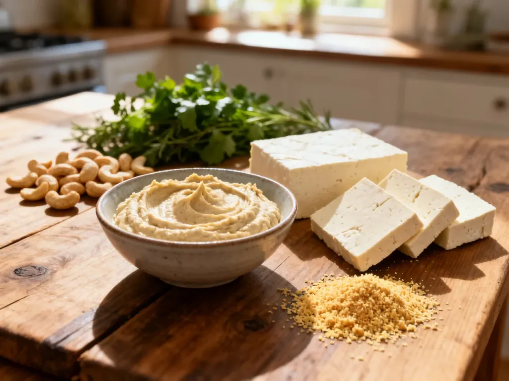 Różnorodne roślinne zamienniki sera, takie jak pasta z nerkowców, tofu i płatki drożdżowe, ułożone na rustykalnym stole.