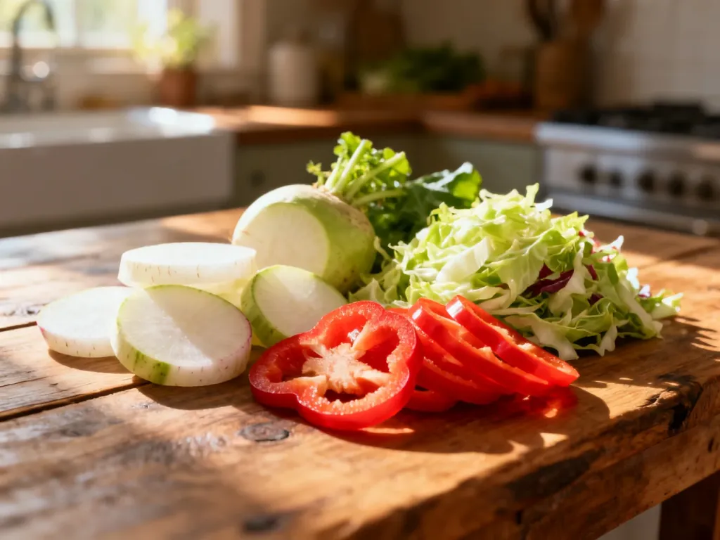Świeże warzywa, takie jak daikon, kalarepa i papryka, ułożone na drewnianym stole jako alternatywa dla rzodkiewki w sałatkach.