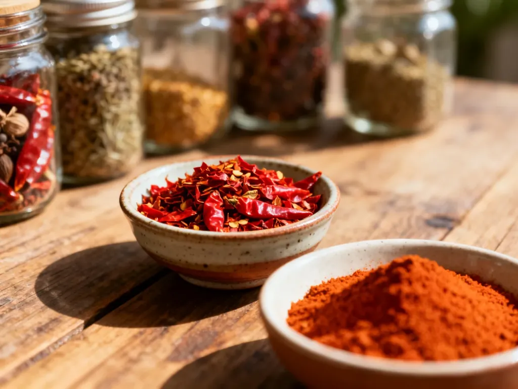 Miska z płatkami chili i wędzoną papryką na drewnianym stole, otoczona słoikami z przyprawami.