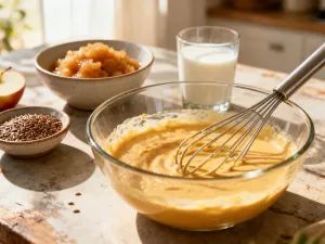 Składniki do przygotowania domowego pesto: świeża bazylia w moździerzu, orzeszki pinii, czosnek oraz twardy ser.