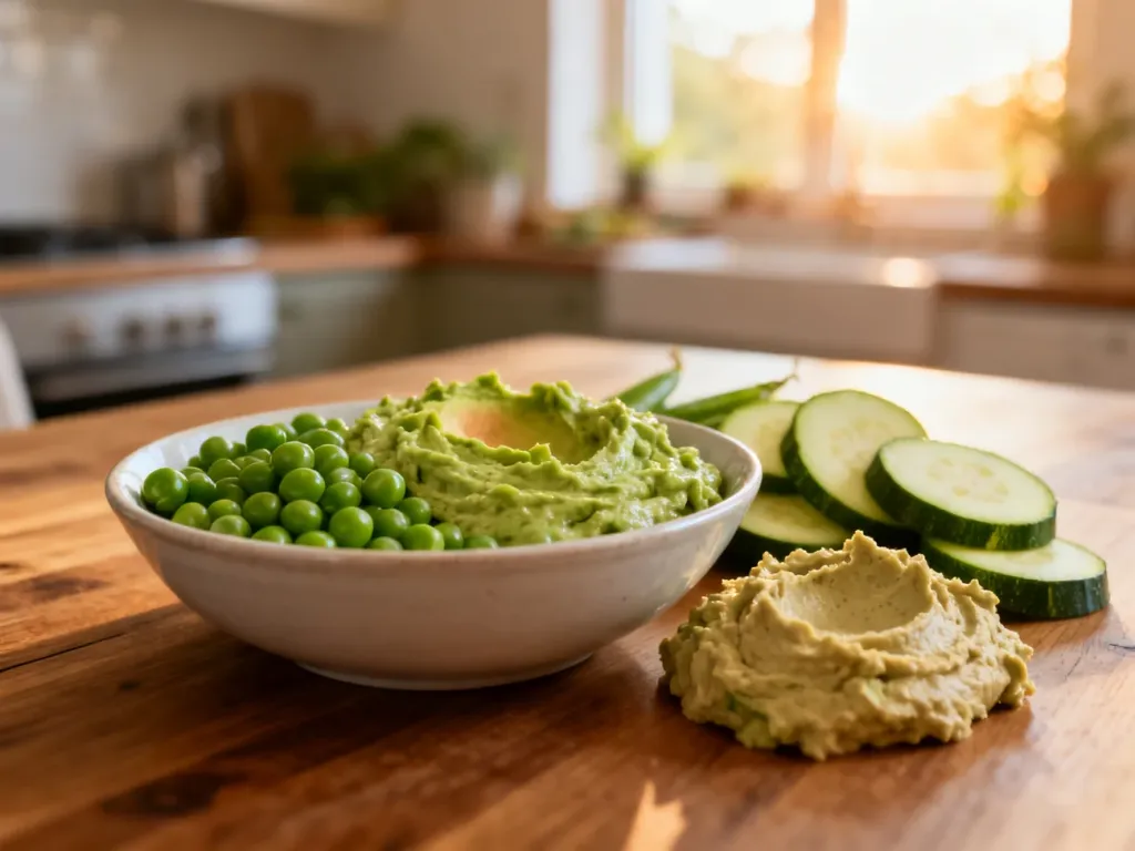 Miska zielonego groszku, plastry cukinii i hummus na drewnianym stole jako zdrowe alternatywy dla awokado.