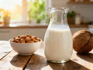 Kremowa panna cotta w szklanym naczyniu, udekorowana świeżymi malinami i miętą na drewnianym stole.