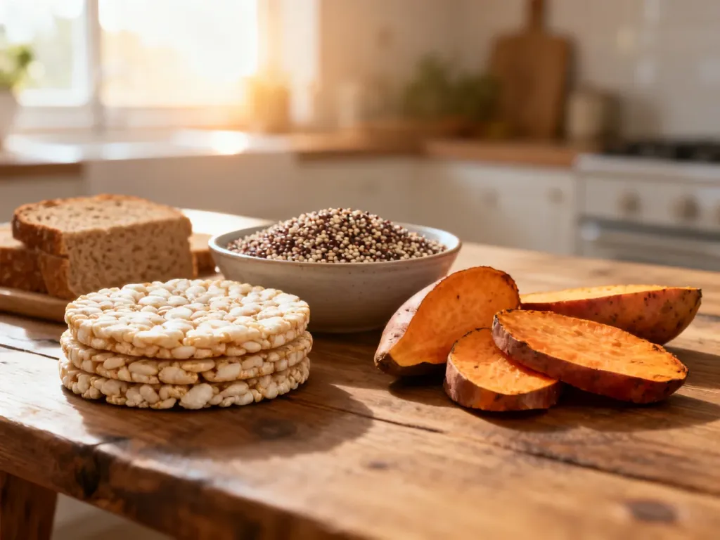 Zdrowe zamienniki pieczywa, takie jak wafle ryżowe, plastry pieczonych batatów i komosa ryżowa na drewnianym stole.