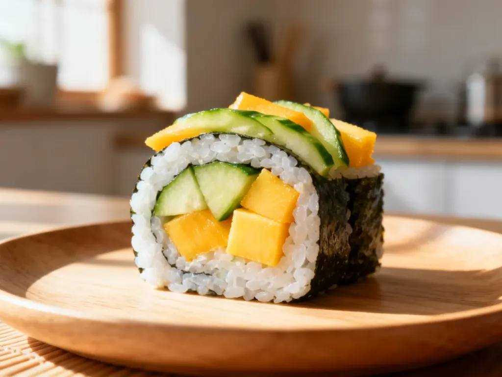Rolka sushi z ogórkiem i mango na drewnianym talerzu jako alternatywa dla awokado.