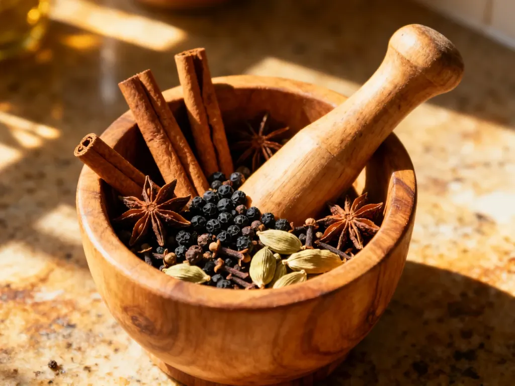 Drewniany moździerz wypełniony aromatycznymi przyprawami, takimi jak cynamon, anyż, goździki i kardamon, przygotowanymi do garam masala.