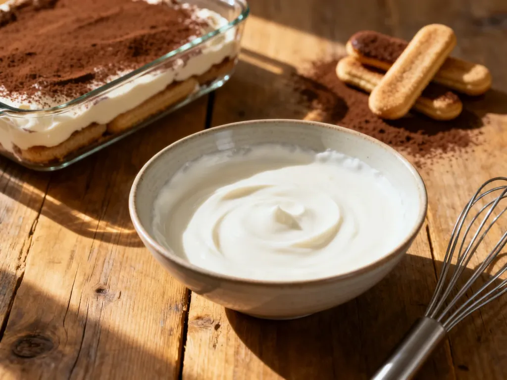 Przygotowywanie kremu z zamiennika mascarpone do tiramisu w szklanym naczyniu na drewnianym stole.