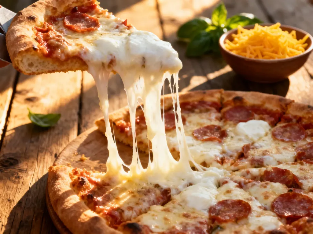 Świeżo upieczona pizza z ciągnącą się mozzarellą oraz miseczka z tartym żółtym serem na drewnianym stole.