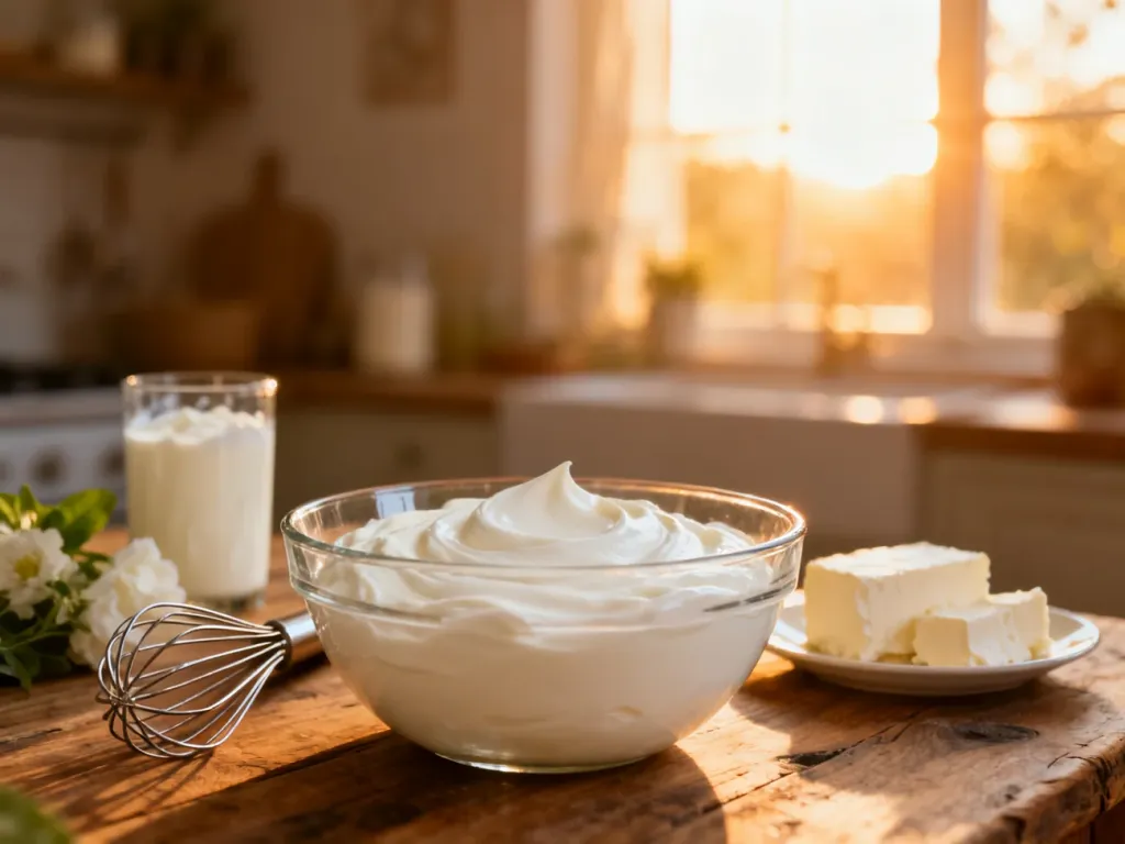 Szklana miseczka z kremowym zamiennikiem mascarpone na drewnianym stole w otoczeniu składników do przygotowania deseru.