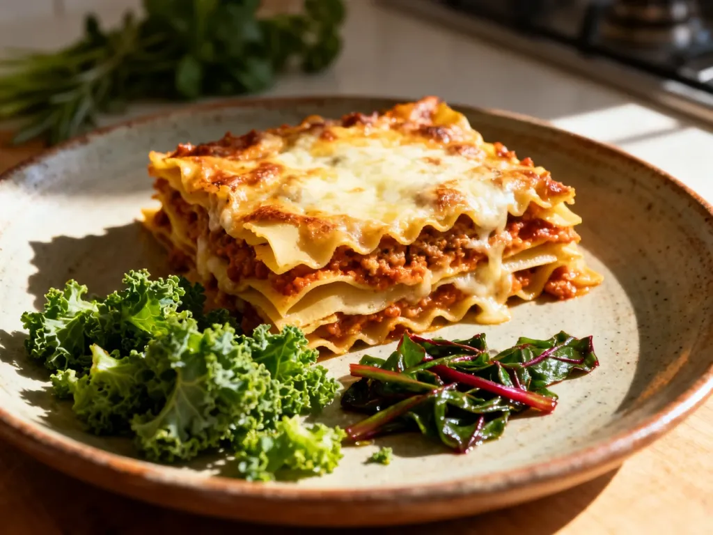 Porcja lasagne na talerzu w towarzystwie jarmużu i boćwiny, które stanowią doskonałe zamienniki szpinaku.