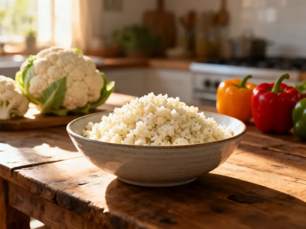 Miska ryżu z kalafiora na drewnianym stole, prezentująca idealny niskowęglowodanowy zamiennik ryżu w diecie keto.